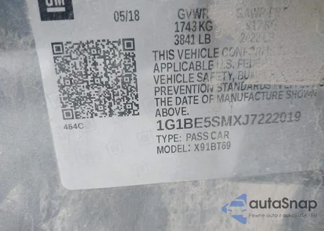 2018 Chevrolet Cruze Lt Auto из США, поврежденный, VIN 1G1BE5SMXJ7222019